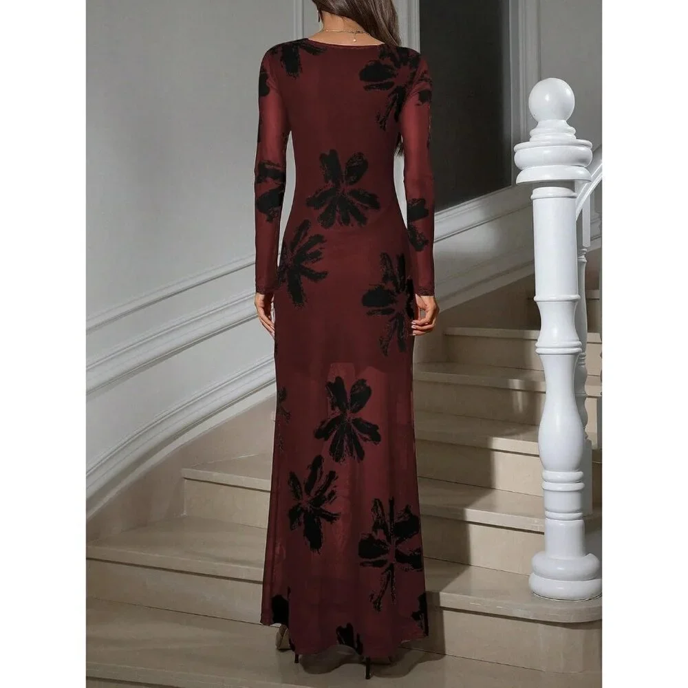 Women's Black Red Floral Mesh Elegant Formal Long Sleeve Cocktail Maxi Dresses